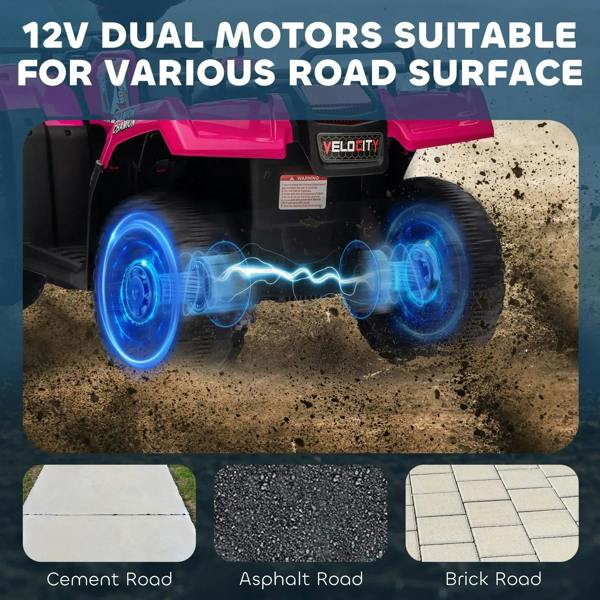 Pink kids quad bike with LED lights glowing while driving on rough ground