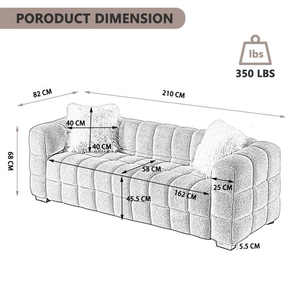 Furniture One Teddy Fleece 3 Seater Sofa - 210cm Loveseat Couch, Upholstered Padded Modern Leisure Sofa with 2 Pillows - White