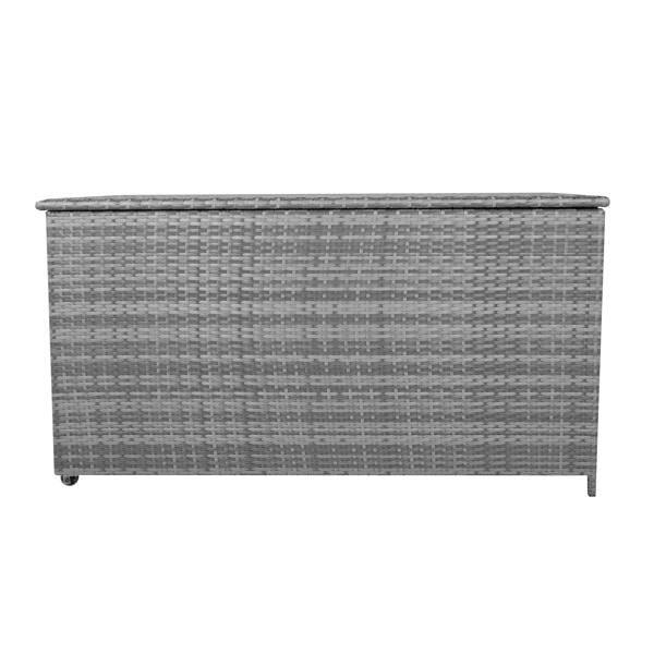 Grey rattan cushion storage box with a textured woven design, spacious 700L capacity, and a sturdy lid for easy access
