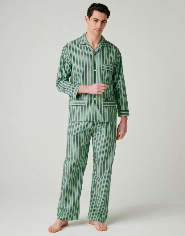 British Boxers Men's Crisp Cotton Pyjama Set – Green Flash Stripe