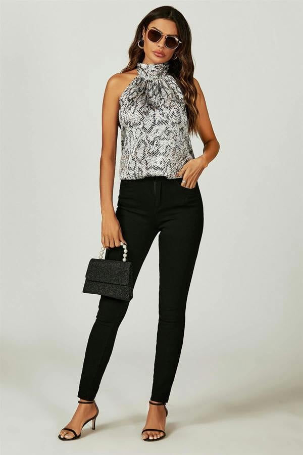 FS Collection Satin Snake Print Halter Neck Tie Back Top In Silver Grey