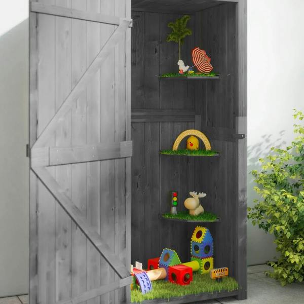 Grey wooden storage shed interior with three tier corner shelves