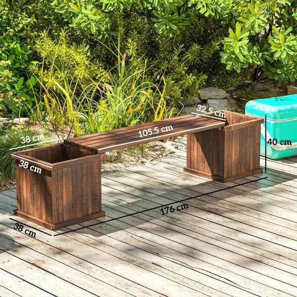Wooden Garden Planter & Bench Combination Garden Raised Bed Patio Park Carbonised Finish 176 x 38 x 40 cm