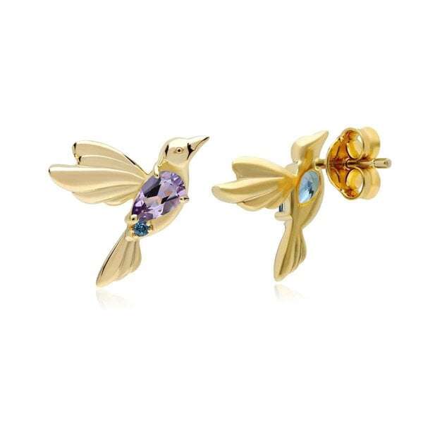 Gemondo ECFEW Pink Amethyst and Blue Topaz Hummingbird Stud Earrings in 925 Sterling Silver