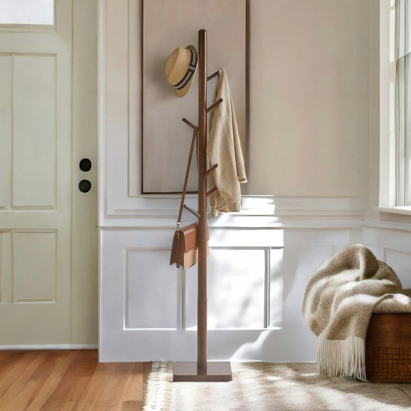 Rafaelo Mobilia Wooden Square Base Coat Stand With 8 Hooks Brown