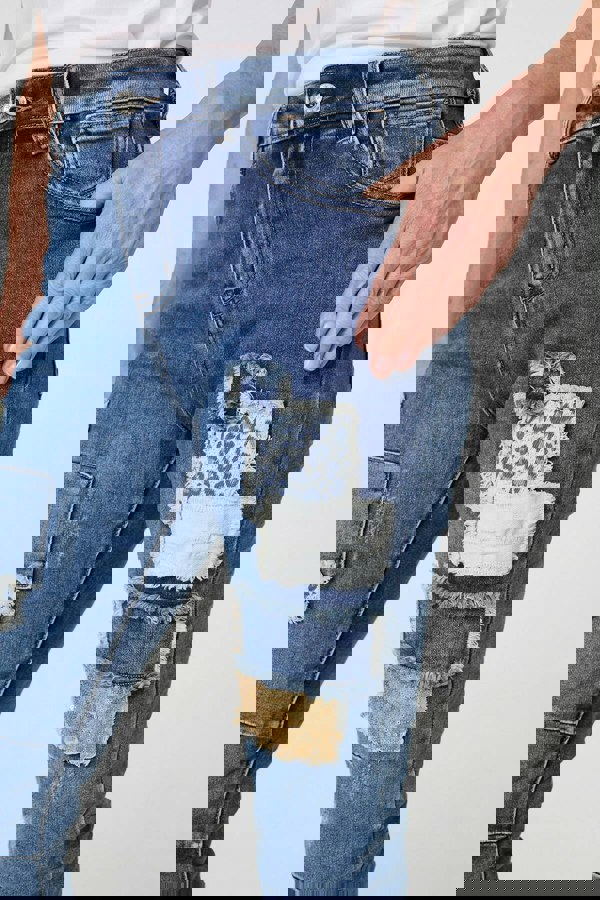 Blue | Patchwork Detail Frayed Skinny Jeans
