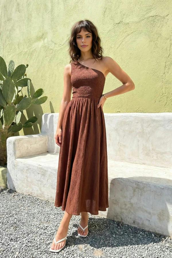 WOVCOR Waist-Leg Embellished One-Shoulder Midi Woven Dress