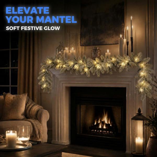 2m Pre-Lit Lapland Fir Christmas Wreath with 30 Warm White LEDs, Snow Flock Finish image 7