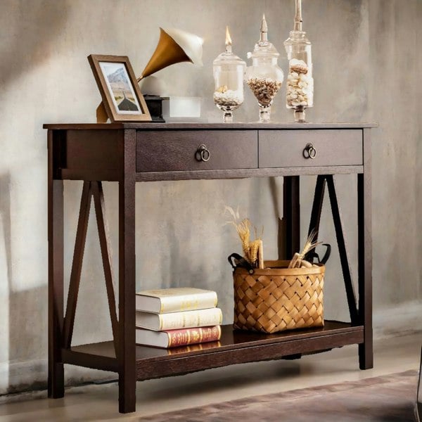 Rafaelo Mobilia Industrial Narrow Console Table With 2 Drawers Walnut Brown