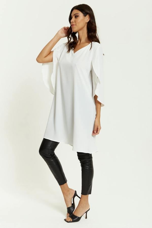 Hoxton Gal Oversized V Neck Tunic with Split Sleeves in White
