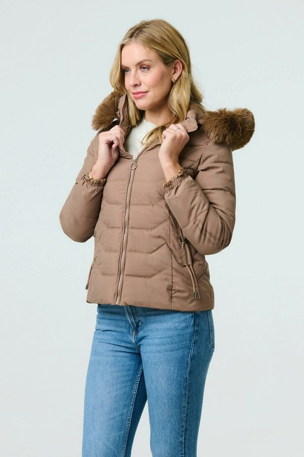 Brown | Faux Fur Hooded Zip-Up Puffer Jacket
