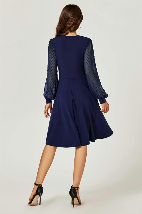 FS Collection Long Sleeve Pleated Detail Midi Dress In Navy