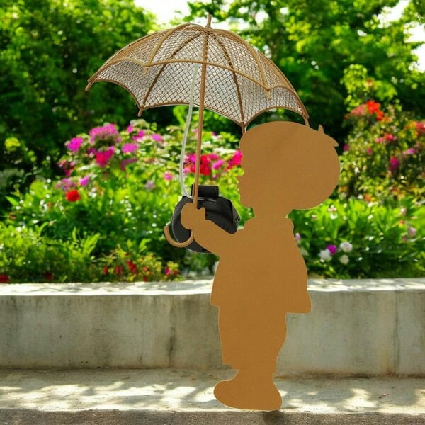 EDH Door Hardware Rustic Boy Silhouette with Solar Umbrella – 46 x 22 x 17.5 CM | Metal Garden Sculpture with Solar Light