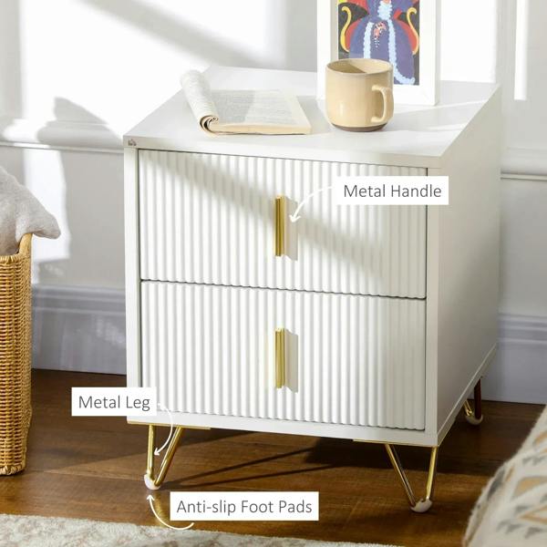 White two-drawer chest with ribbed drawer fronts, gold-tone handles, and gold legs; close front view