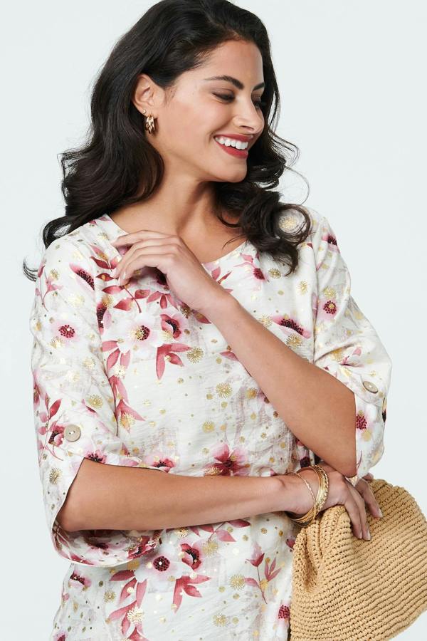 Pink | Floral Metallic Print 3/4 Sleeve Tunic