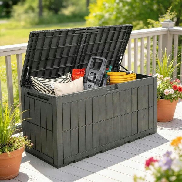 Bobobiy 440L Garden Storage Box, Waterproof & UV Resistant Resin Deck Box with Lockable Lid, Pneumatic Gas Rods, Side Handles - Brown