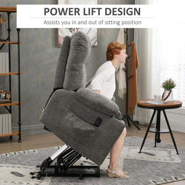 Grey power lift recliner chair reclined with raised footrest and padded back
