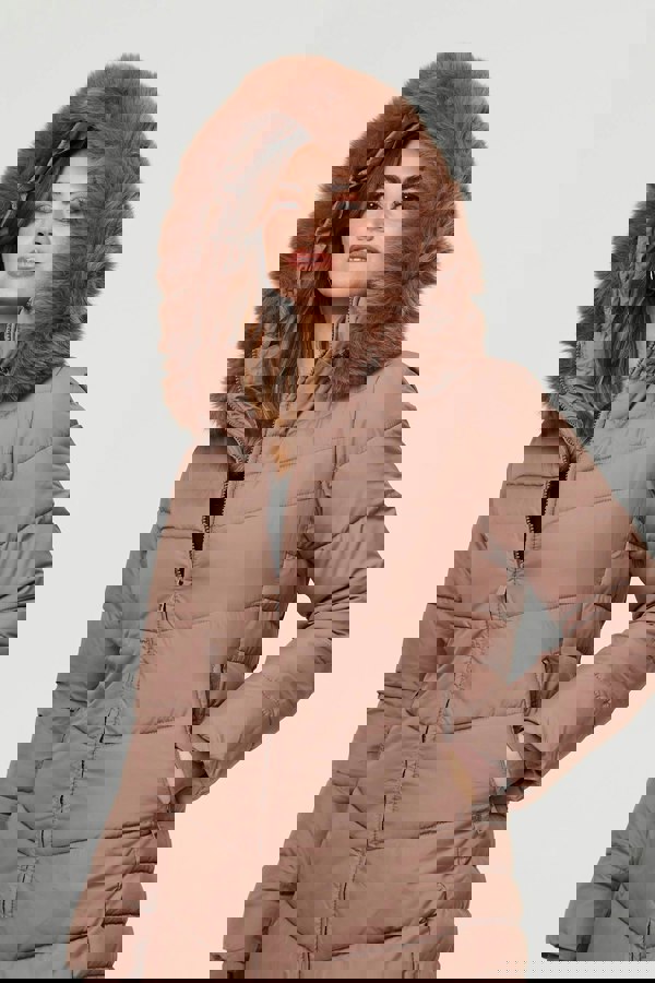 Beige | Faux Fur Hooded Longline Puffer Jacket
