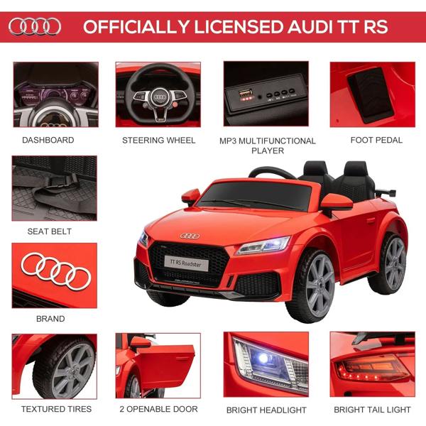 Red kids Audi TT RS Roadster ride-on car with front grille, headlights, and black tires