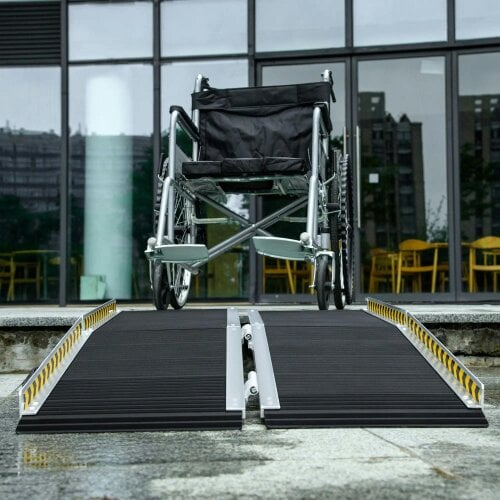 Bobobiy Wheelchair Ramp, 152L x 73Wcm, 272KG Capacity, Folding Aluminium Threshold Ramp with Non-Skid Surface, Transition Plates Above and Below