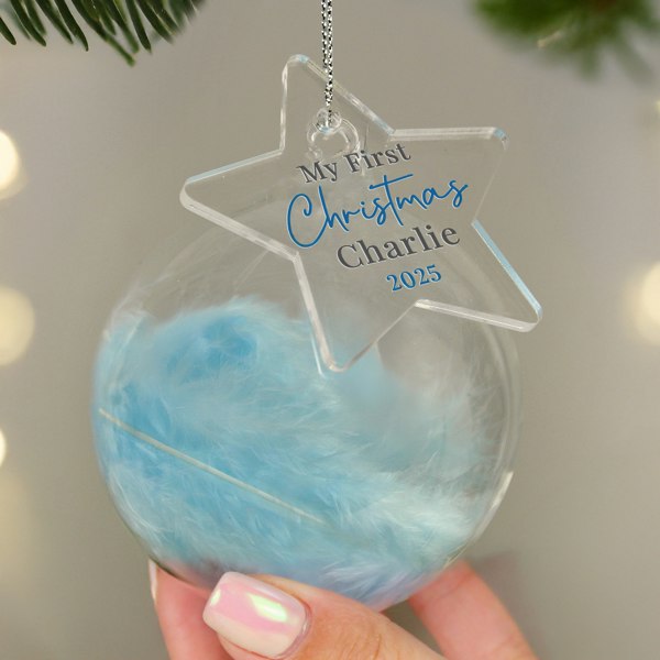 Personalised Memento Company Personalised My 1st Christmas Blue Feather Bauble