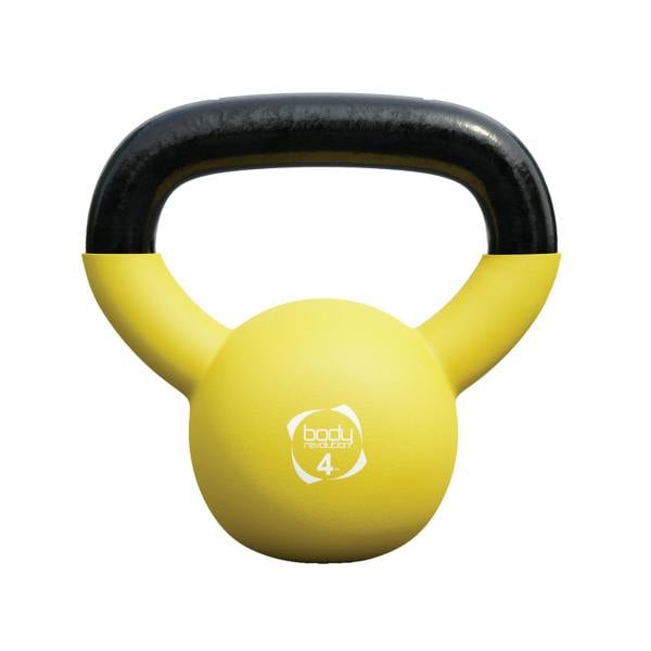 Bright yellow neoprene kettlebell with a sturdy black handle, featuring a 4kg weight, ideal for strength training and workouts