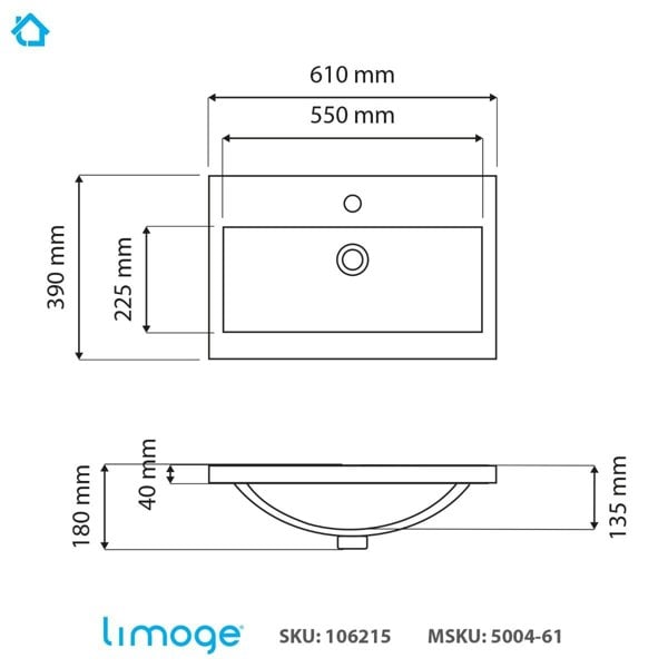 Limoge 5004 Ceramic 61cm Mid-Edge Inset Basin with Dipped Bowl