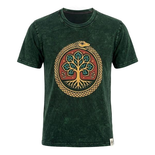 Green crew-neck T-shirt with Tree of Life graphic on chest in yellow, teal, and red.