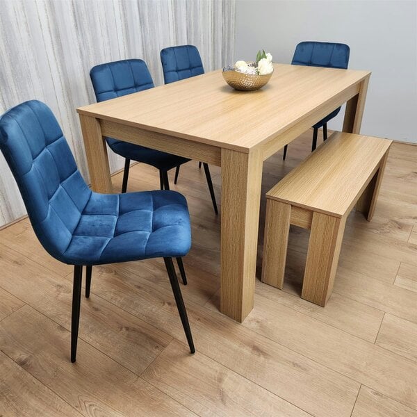 Kosy Koala Wooden Dining Table Set for 6 Oak Effect Table With 4 Blue Velvet Chairs and 1 Bench