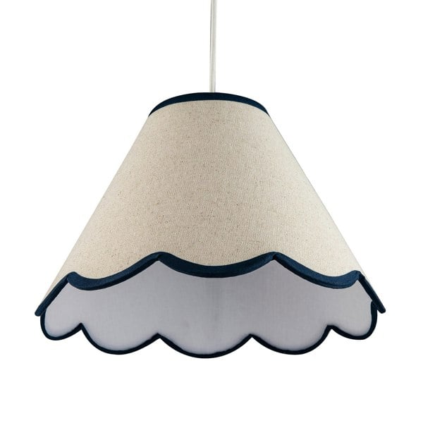 Scallop Edge Natural Textured Linen Coolie Lamp Shade with Navy Trims Image 3