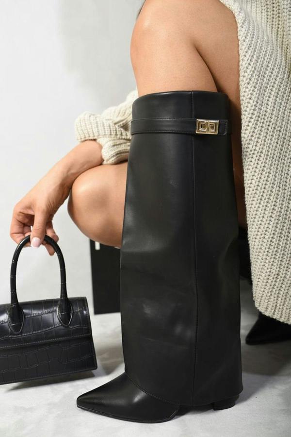 ikrush Myla Skirted Fold Over Buckle Pointed Toe High Boots