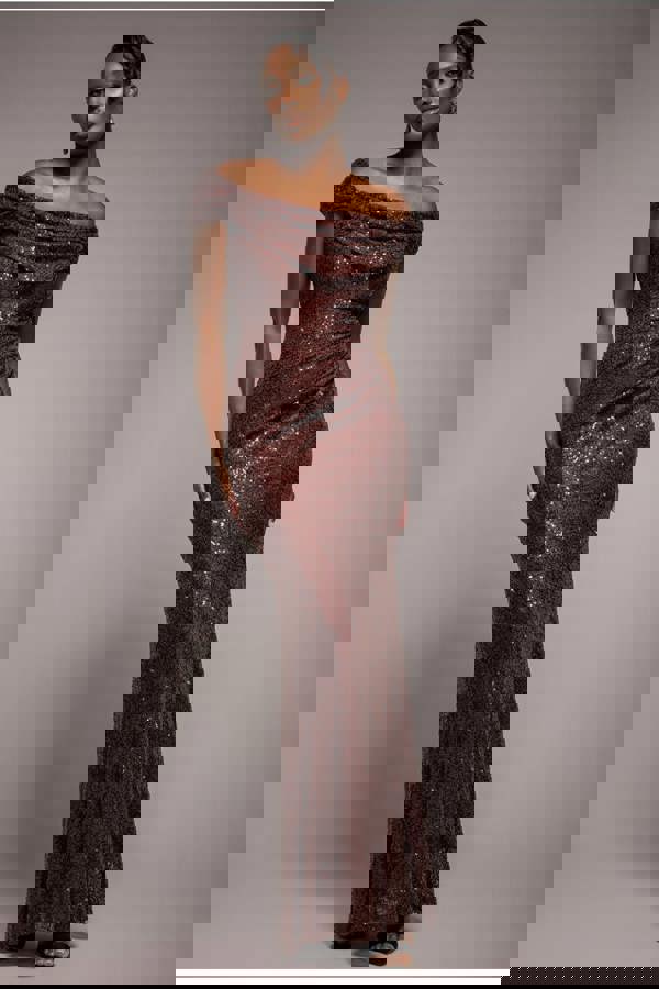 Cap Sleeve Iridescent Sequin Cowl Maxi Dress - Brown DR4633