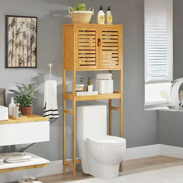 BMBO Wooden Over Toilet Storage Unit With Cabinets Natural Brown