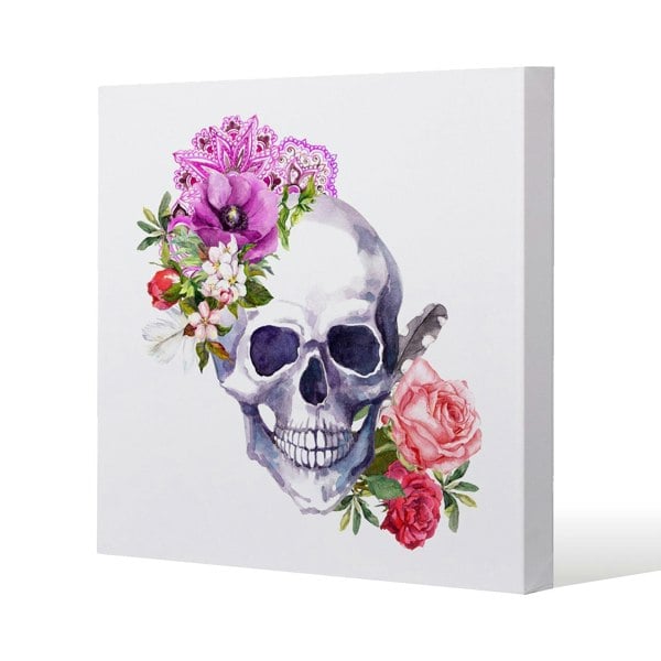 Benjamin Tate Design Human skull with flowers Slim Style Canvas Print  90x90cm , 15mm Slim Real wood.