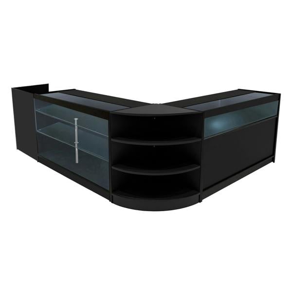 Black Hyperion LED shop counter set featuring sleek glass displays, curved edges, and ample storage for retail environments
