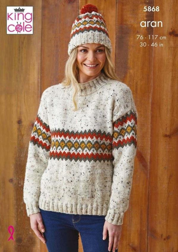 King Cole Fashion Aran Knitting Pattern 5868, Sweaters, Headwear for Women, 30 - 46 Inches