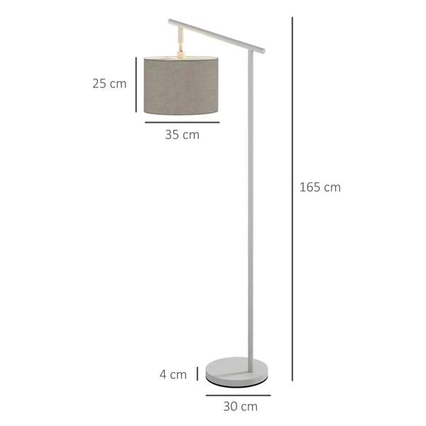 Tall floor lamp with grey drum lampshade, white pole, and round base