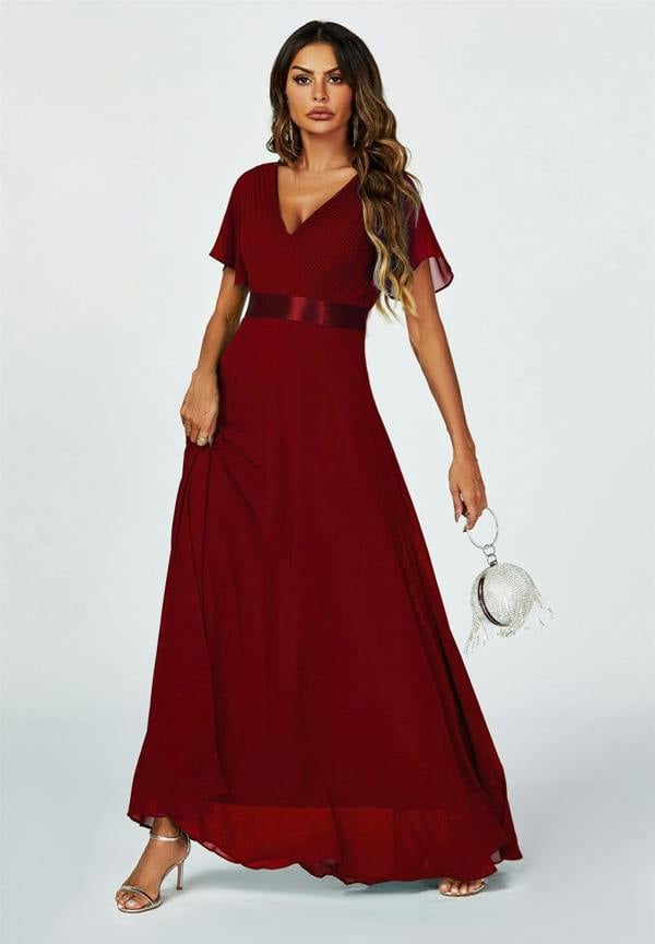 FS Collection Angel Sleeves Empire Waist Bridesmaid Dress In Wine