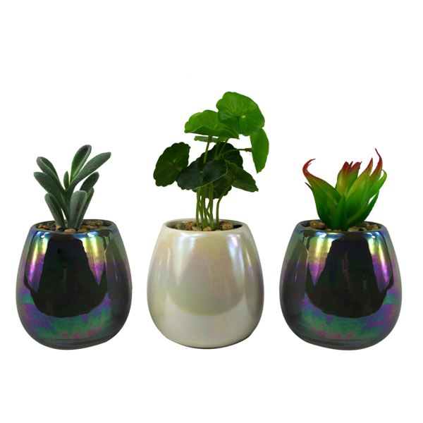 Leaf 15cm Set of Three Grey White Mix Ceramic Mini Planters with Artificial Succulent Plants