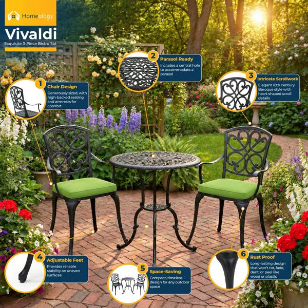 Homeology VIVALDI Black 3-Piece Cast Aluminium Garden Bistro Set - with Green Cushions