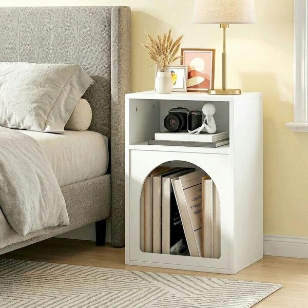 Bedside Table with 2 Open Compartments - White