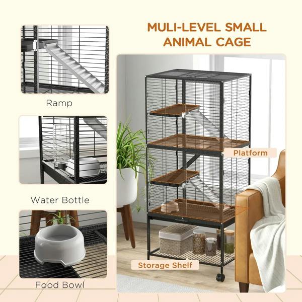 Charcoal grey multi-level wire cage with wooden platform steps and ramp; water bottle shown
