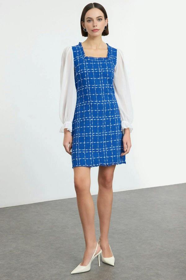 WOVCOR Tweed Argyle A-Line Mini Woven Dress with Chiffon Sleeve Detail