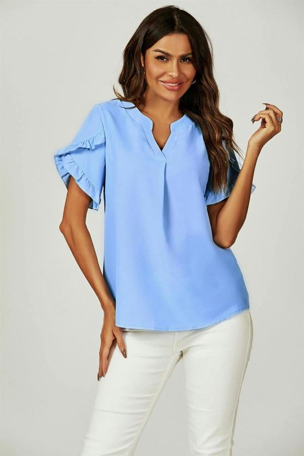 FS Collection Frill Trim Detail Short Sleeve Blouse Top In Light Blue