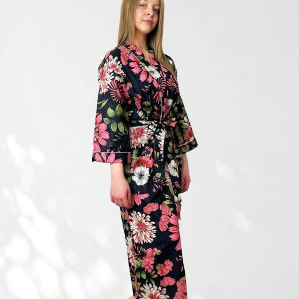 Hayley & Co Black and Pink Flower Print 100% Cotton Dressing Gown