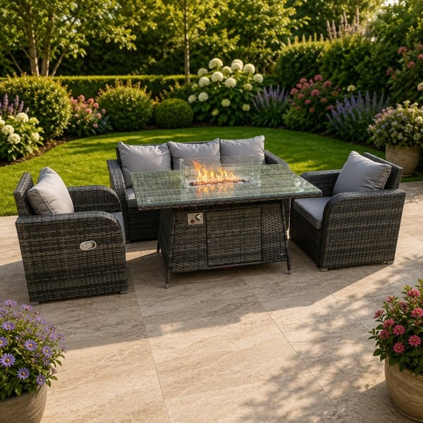 Fimous 5 Seater Rattan Garden Furniture Set with Gas Fire Pit Table, Sofa & 2 Reclining Chairs - Dark Grey