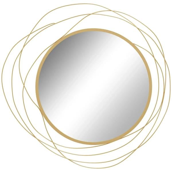 Gold tone abstract metal wire wall mirror with circular loop frame and round reflective glass