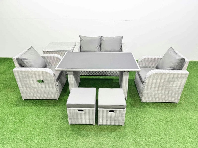 Fimous Outdoor Rattan Garden Furniture Dining Set 6 seater Patio Rectangular Table Love Sofa Reclining Chair Set with Side Table 2 Small Stools