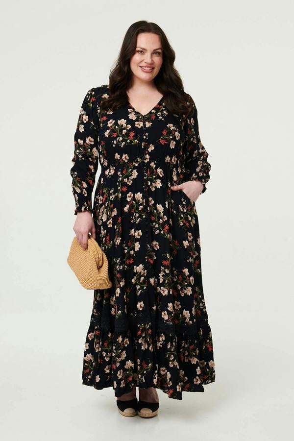Izabel London Curve Floral Shirred V-Neck Maxi Dress - Navy