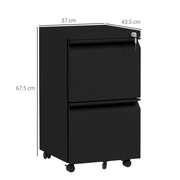 Black steel mobile filing cabinet, two-drawer front with lock and casters